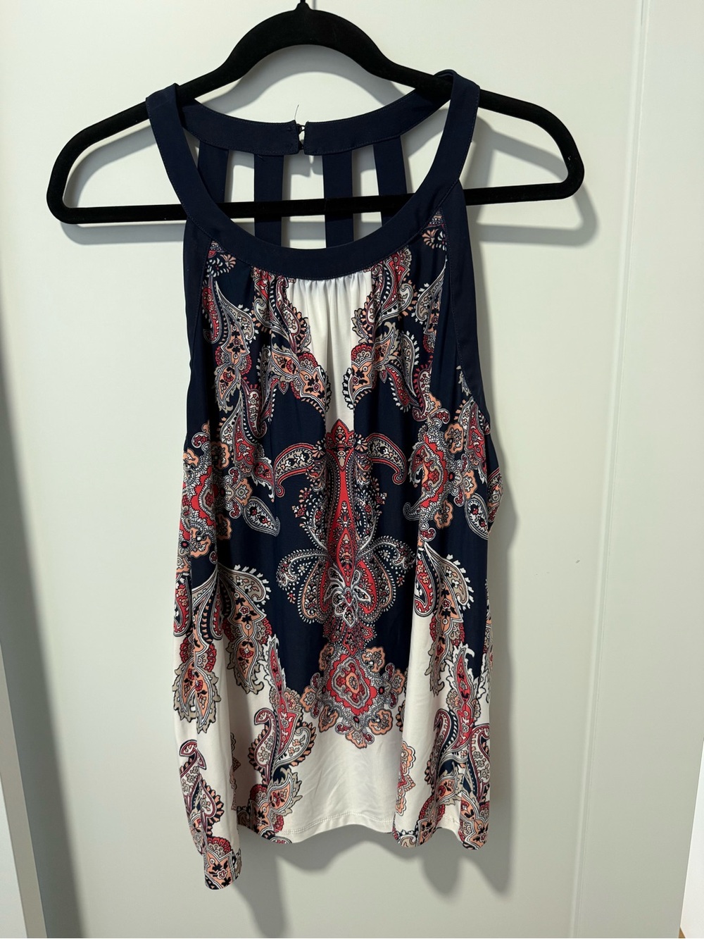 INC International Concepts Navy Paisley Halter Camisole with Red Accents